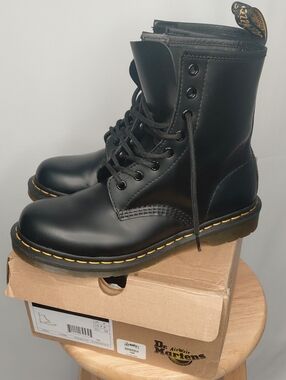 Dr. Martens Black Leather Lace-Up Boots with Yellow Stitching